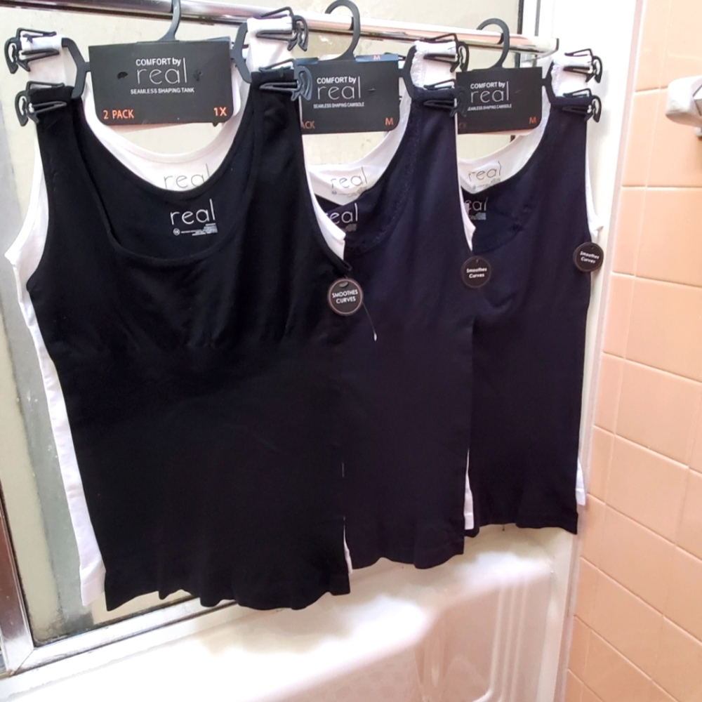 NWT Comfort by Real 2PK Seamless Shaping Tanks; Black/White; M & 1X. $35 Each.